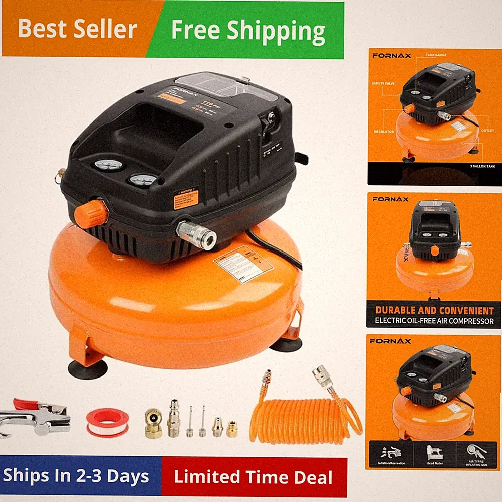 Air Compressor, 3 Gallon, 110 PSI Portable Air Compressor, Oil Free Kits